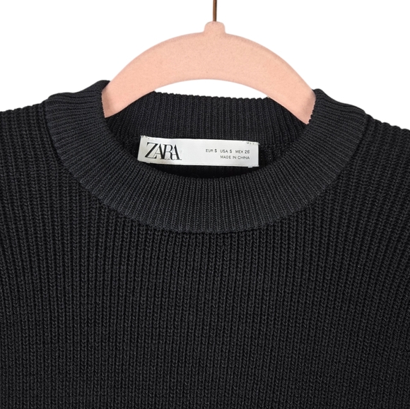 Zara Baloon Puff Sleeve Ribbed Crewneck Jet Black Sweater - Picture 5 of 13